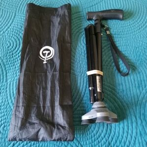 Foldable Walking Cane Adjustable Height With Carry Bag Wrist Strap Black